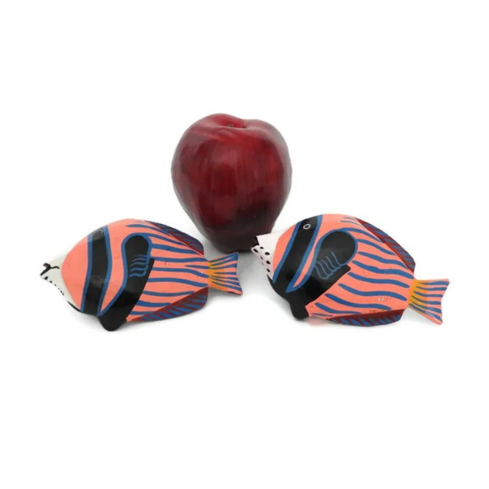 Large African Hand-Carved and Hand Painted Wood Pink Fish Napkin Rings Set of 2